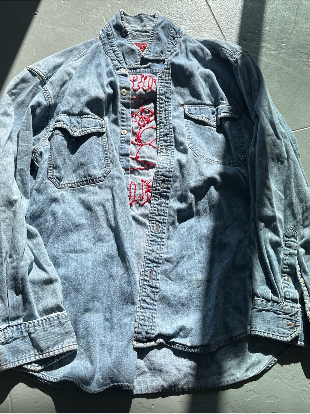 Light Wash Denim Button-Up Shirt with Red hand Embroidered back graphic
